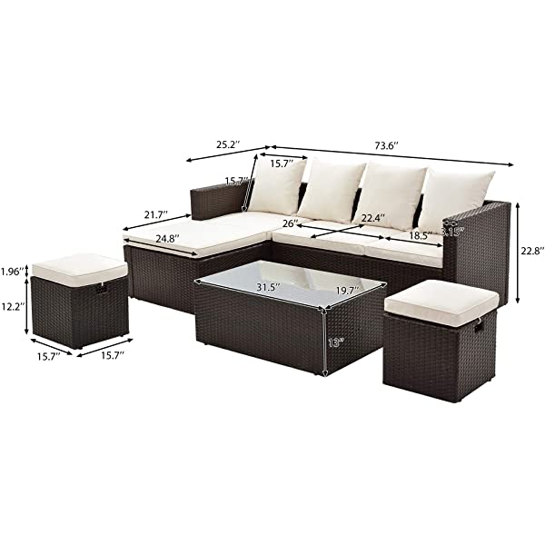AWQM 5 Pieces Patio Furniture Sets All Weather Outdoor Sectional Sofa Manual Weaving Wicker Rattan Patio Conversation Set with Cushion and Glass Table, Brown 5 Piece Patio Furniture Sets