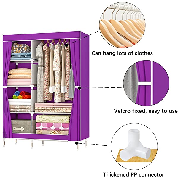 QUMENEY Wardrobe Storage Closet, Portable Clothes Standing Shelves Organizer, Extra Strong and Durable Non-Woven Fabric Rack with Hanging Rods, Quick and Easy to Assemble (Pink Dots)