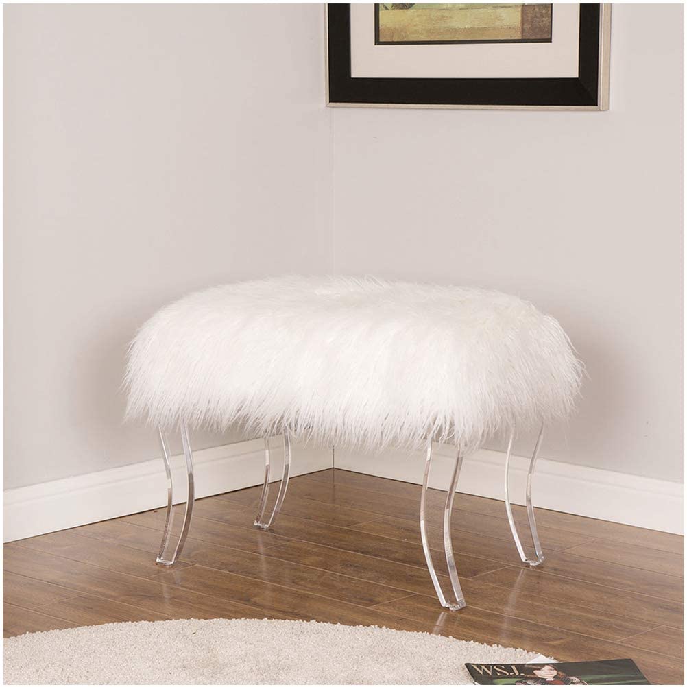 Glitzhome modern style white faux fur footrest stool vanity stool stool with acrylic legs decorative bench, suitable for bedroom