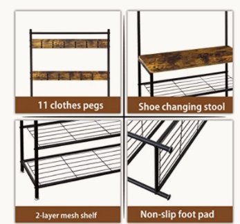 HOFLERA Coat Rack, Hall Tree with Shoe Bench for Entryway, Industrial Accent Furniture with Steel F
