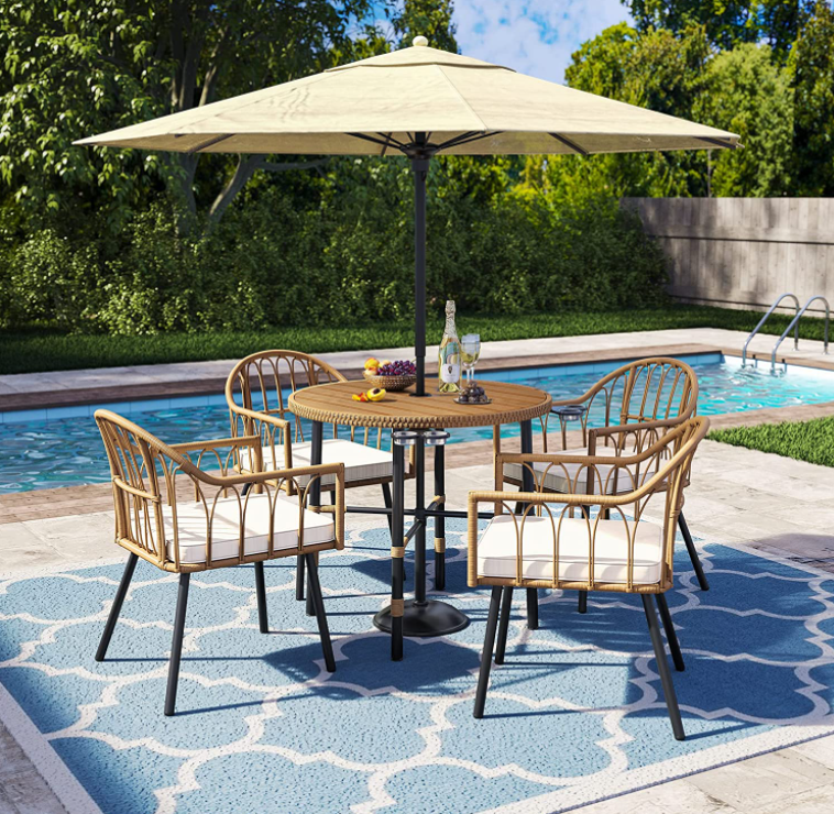 5 Piece Outdoor Patio Dining Table Set, All Weather Wicker Cutlery Set Furniture, Patio, Backyard, Balcony, Garden Sectional Conversation Rattan Cutlery Set (with Umbrella Holes