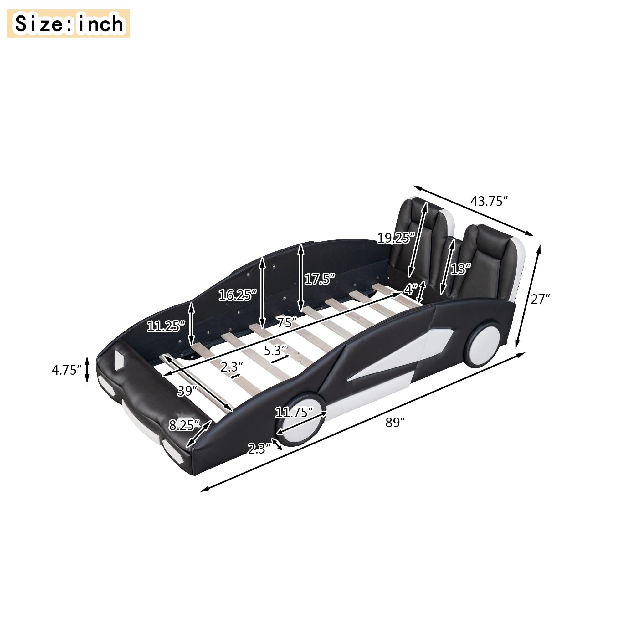 【Furniture】Twin Size Kids Platform Bed, Race Car-Shaped Bed with Wheels Design, Faux Leather Upholstered Bed Frame