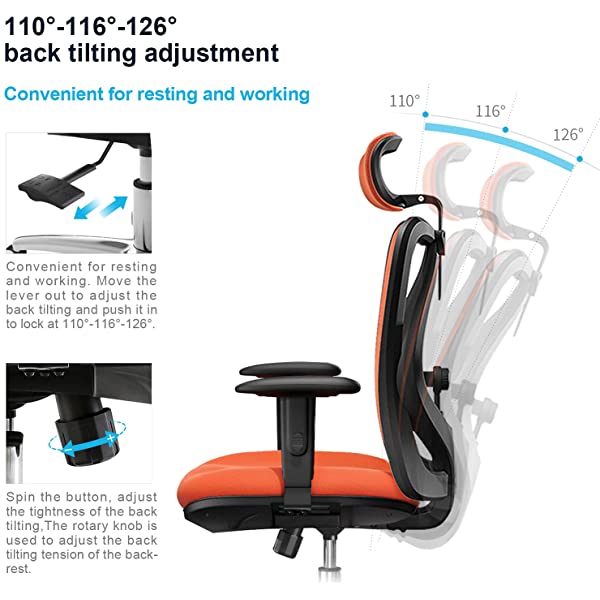 SIHOO Ergonomic Office Chair, Computer Desk Chair with Adjustable Lumbar Support, Comfortable Thick Cushion High Back Desk Chair with Adjustable Headrest and PU armrests(Orange)