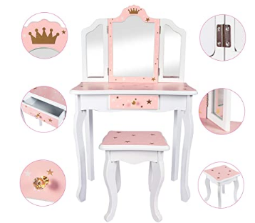 Nromant Kids Vanity Table and Chair Set, Girls Vanity Set with Mirror and Stool, Tri-Folding Mirror, Makeup Dressing Princess Table with Drawer, Kids Vanity Set with Mirror Age 4-9