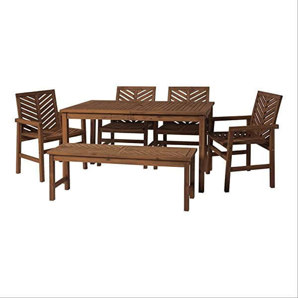 Walker Edison 5 Person Outdoor Wood Chevron Patio Furniture Dining Set Table Chairs Bench All Weather Backyard Conversation Garden Poolside Balcony, 4 Piece, Brown Brown 4 Piece Dining Set
