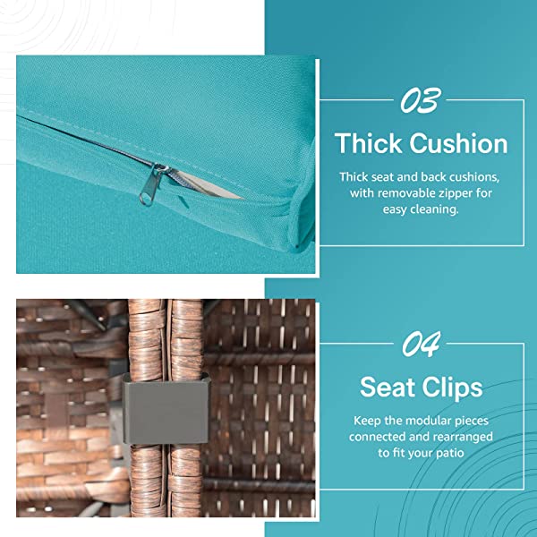 OC Orange-Casual 6-Piece Outdoor Patio Sectional Sofa Set Brown Wicker Furniture Set with Turquoise Seat Cushions & Tempered Glass Coffee Table