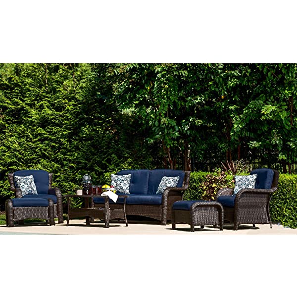 Hanover Strathmere 6-Piece Outdoor Patio Conversation Set, 2 Side Chairs with Ottomans, Loveseat and Tempered Glass Coffee Table, with Hand-Woven Wicker and Thick Cilantro Green Cushions, STRATHMERE6PC