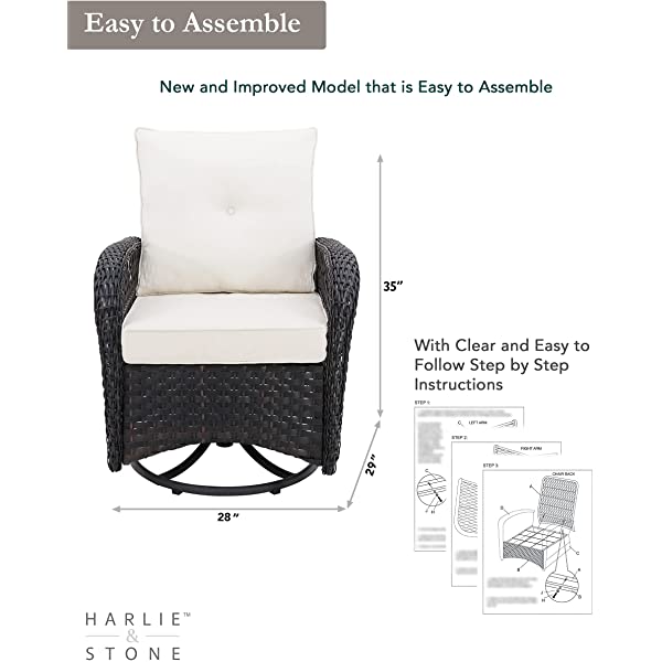 Harlie & Stone Outdoor Swivel Rocker Patio Chairs Set of 2 and Matching Side Table - 3 Piece Wicker Patio Bistro Set with Premium Fabric Cushions