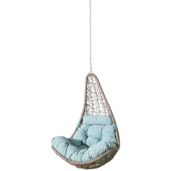 Ulax Furniture Outdoor Wicker Hanging Chair Swing, Patio Hanging Basket Swing Chair with Hanging Steel Chain (Beige)