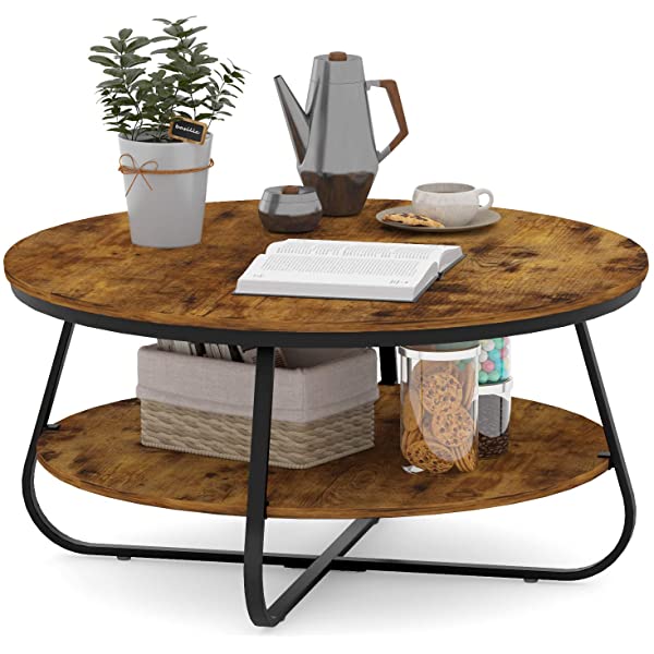 Elephance Round Coffee Table with Storage, 35.8 Inch Rustic Wood Coffee Table with Strong Metal Frame for Living Room, Dining Room, Cocktail Table, Round Sofa Table (Almond)