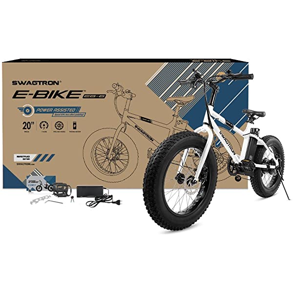 Swagtron EB-6 Bandit E-Bike 350W Motor, Power Assist, 4” Tires, 20” Wheels, Removable 36V Lithium Ion Battery, Dual Disc Brakes– Electric Bike 7-Speed Shimano SIS Shifting Built for Trail Riding White