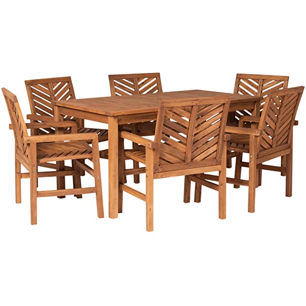 Walker Edison 5 Person Outdoor Wood Chevron Patio Furniture Dining Set Table Chairs Bench All Weather Backyard Conversation Garden Poolside Balcony, 4 Piece, Brown Brown 4 Piece Dining Set