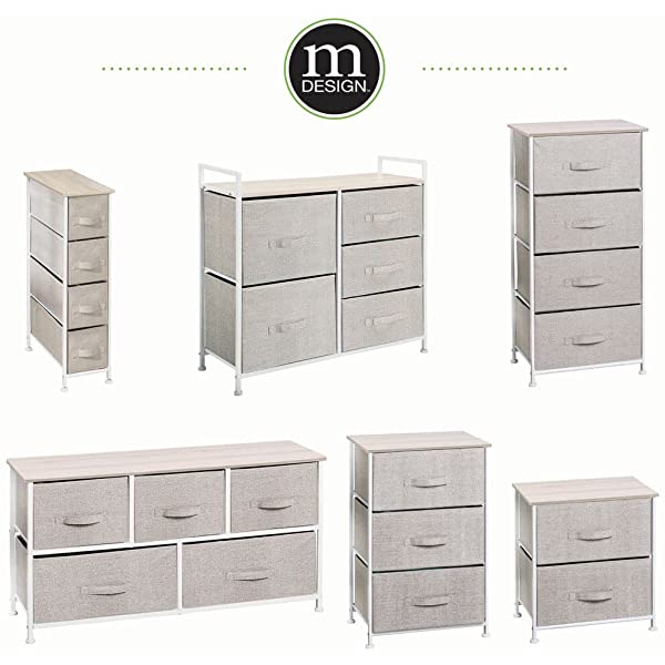 mDesign Storage Dresser End/Side Table Night Stand Furniture Unit - Small Standing Organizer for Bedroom, Office, Living Room, and Closet - 2 Drawer Removable Fabric Bins - Gray/White Grey