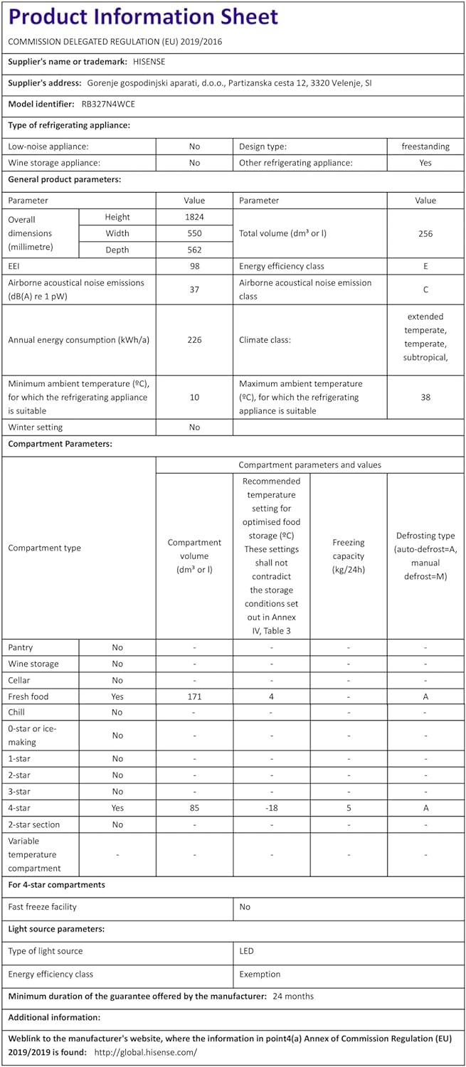 Hisense RB327N4WCE 55cm Freestanding 5050 Fridge Freezer - 251 litre capacity - Total No Frost - Non-plumbed Water Dispenser - Silver - E Rated, H182.4 x W55 x D55.6 (cm)