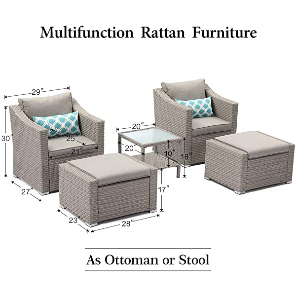 COSIEST 5-Piece Outdoor Furniture Lounge Set Warm Gray Wicker Sectional Sofa w Thick Cushions, Glass-Top Table, 2 Ottomans, 2 Teal Pattern Pillows for Garden, Pool, Backyard