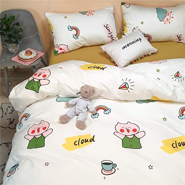 New Cartoon Animals Elephant Print Duvet Cover Sets for Kids 100% Cotton Reversible Soft 3 Pieces Kids Bedding Duvet Cover Pillowcases Kawaii Cloud Bedding Sets, Queen/Full Full/Queen (1 Duvet Cover + 2 Pillowcases) Multi A00 Elephant Bunny Balloon