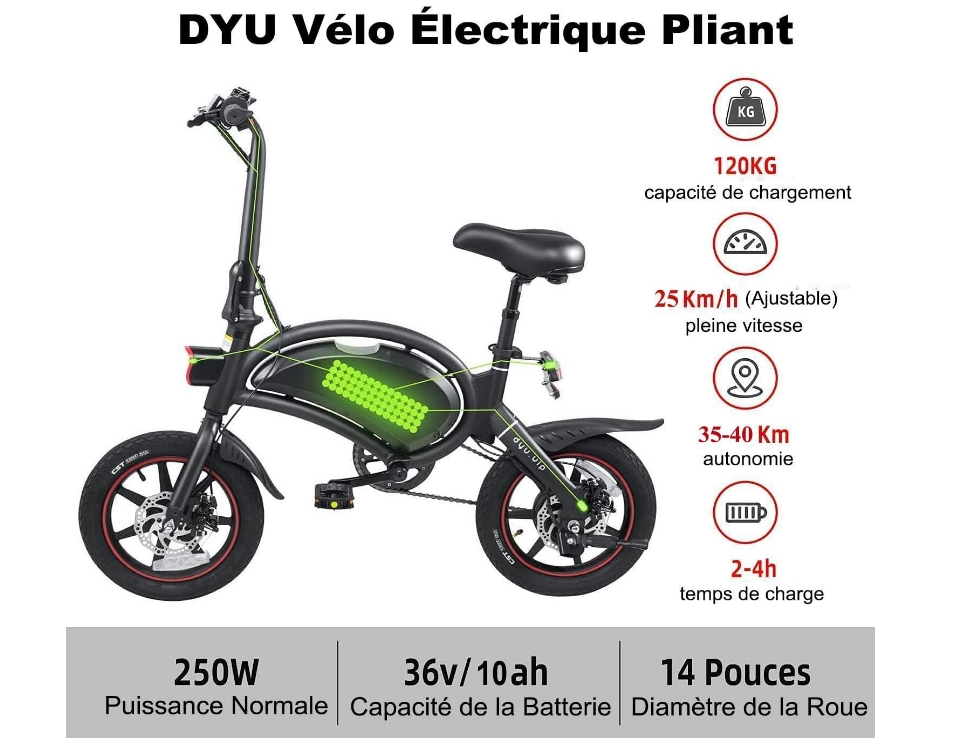 DYU Folding Electric Bike, 14 inch Portable E-bike, Smart Electric Bicycle with Pedal Assist, 3 Riding Modes City EBike with Battery Indicator, Height Adjustable, Compact Portable, Unisex Adult