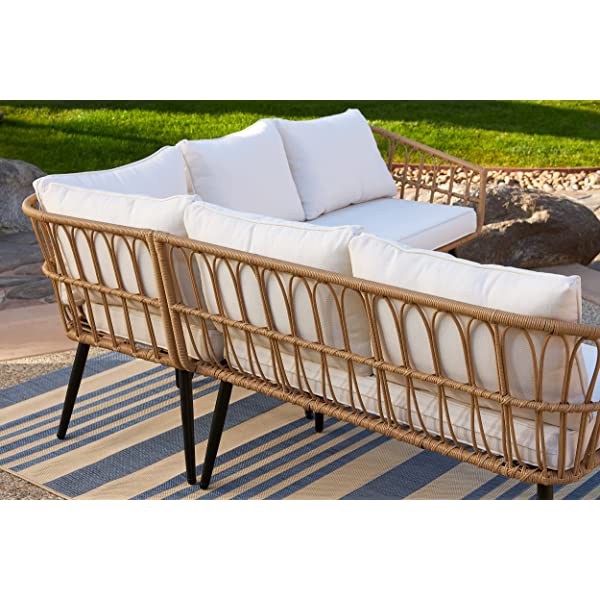 Quality Outdoor Living 65-YZ03HM Hermosa 3 Piece Chat Set, Tan Wicker + Linen Cushions 3-Piece Chat Set (Linen Cushions)