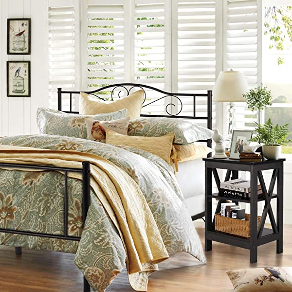 VECELO Modern Versatile Nightstands X-Design Side End Table Night Stand Storage Shelf with Bin Drawer for Living Room Bedroom, Brown+Black Brown+black Modern