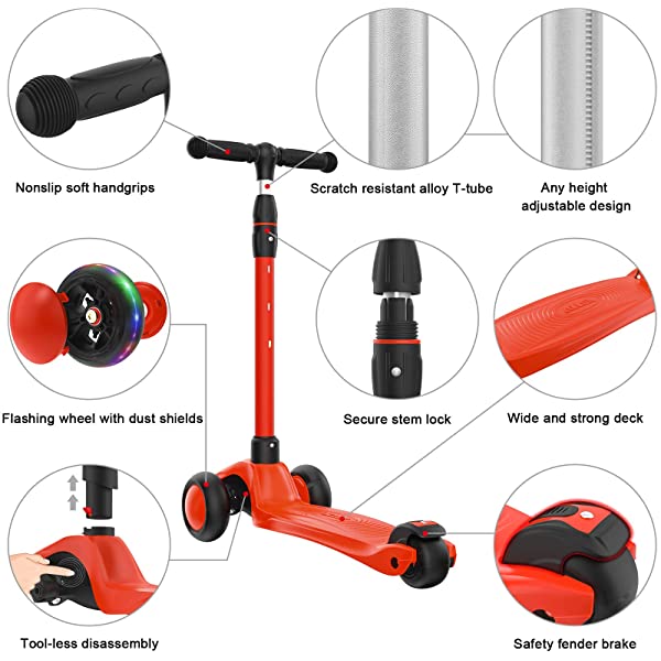 Allek Kick Scooter B03, Lean 'N Glide 3-Wheeled Push Scooter with Extra Wide PU Light-Up Wheels, Any Height Adjustable Handlebar and Strong Thick Deck for Children from 3-12yrs (Rose Pink)